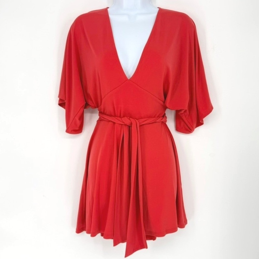 Express Red Deep V-Neck Kimono Sleeve Open Back Tie Waist Romper Small